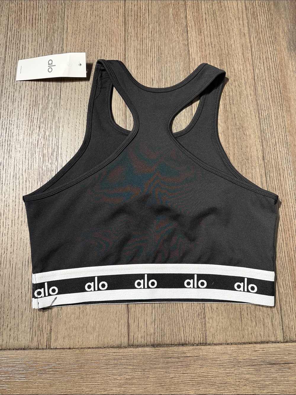 ALO Yoga Black Racerback Sports Bra with White Logo - Picture 5 of 5